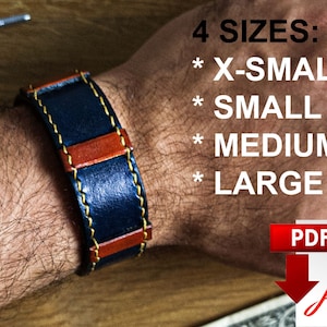 May include: A blue leather watch band with brown leather accents and yellow stitching. The band is shown on a person's wrist. The image also includes text that says "4 SIZES: * X-SMALL * SMALL * MEDIUM * LARGE" and a PDF download icon.