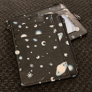 Clearance** Black space starry PU Leather wallet, d ring attachment for keychain or lanyard zippered coin pouch, moon Galaxy astronomy lover