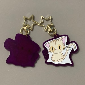 Simpatico portachiavi gatto spirito fantasma - acrilico colorato viola - attaccamento stella - lenzuolo soriano arancione cosplay Halloween - costume yokai spettrale
