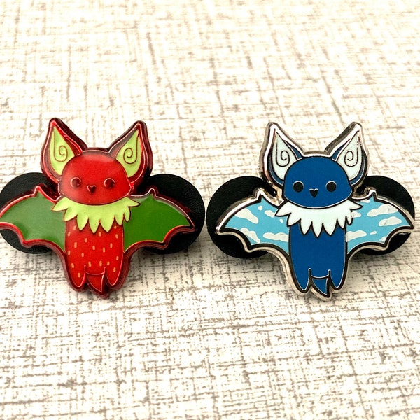 Strawberry and Cloudy Sky Bat Enamel Pins- 1”, 2 posts- small and perfect for Halloween, board fillers, or other spoopy spooky festive gifts