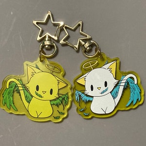 Simpatico portachiavi gatto angelo - acrilico traslucido giallo - attaccamento stella Halloween cosplay ali blu piuma aureola angelico bellissimo costume