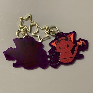 Portachiavi acrilico Devil Cat - Costume con ciondolo viola traslucido carino con attaccamento a stella Halloween cosplay ragno demone corna tridente malvagio