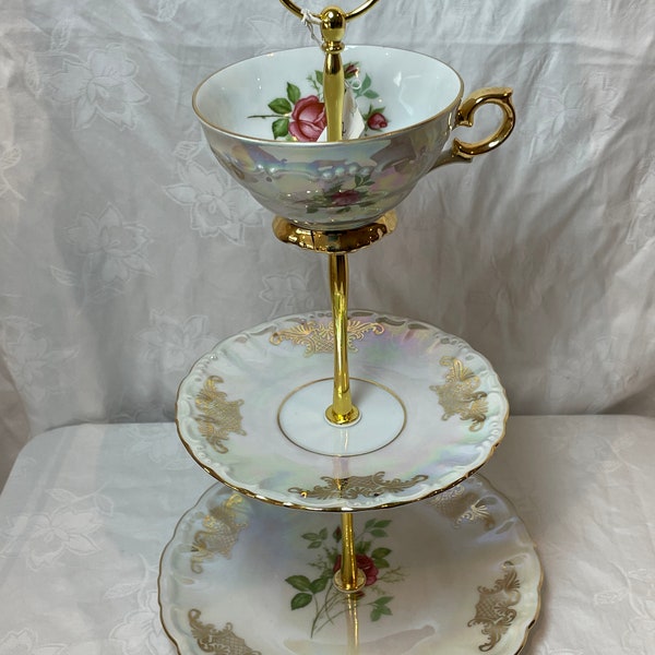 Etagere aus Omas Sammeltasse, Perlmuttfarbenes  Rosen Porzellan , 2 tlg oder 3 tlg mit Zuckerdose oder Tasse, Rarität, Vintage, Muttertag