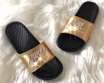 custom nike slides with gold check