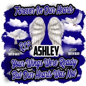 Photoshop Half T-shirt Design. Affinity Designer. Funeral RIP Memorial, Heaven, Rest In Peace, Wings, Digitial Template