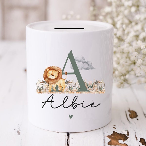 Personalised Safari Initial Money Box, Piggy Bank for Children, Savings Bank for Nursery, Baby Shower Gift, Safari Lion Theme NM11S