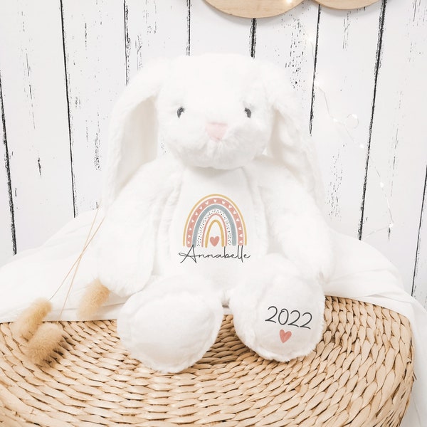 Personalised First Teddy Boho Rainbow | White Bunny Teddy | New Born Teddy | New arrival | My First Bear | Custom Printed Teddy Bear NM18