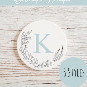 Personalised Ceramic Coaster / Custom Initial and Name Coaster / Gift for Her / Gift for Him / Floral Wreath Design