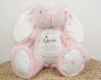 Personalised Christening Baptism Pink Bunny Rabbit Gift for Girls Boys, Goddaughter Godson Gifts, Holy Communion Stuffed Teddy