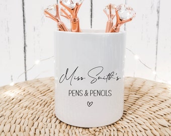 Custom Text with Heart Personalised Pencil Pot, Gift for Her, Desk Storage, Birthday, Wedding, Ceramic Makeup Brush Holder NM04