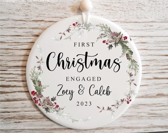 First Christmas Engaged Personalised Hanging Ceramic Ornament Gift, 1st Christmas Keepsake, Newly Engaged Gift STYLE3