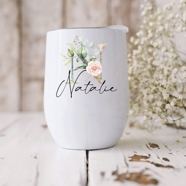 Rose Floral Initial Custom Name Insulated Wine Cup, Personalised Wine Cooler, Thank you gift, Steel Tumbler NM20