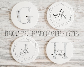 Personalised Grey Cement Effect Ceramic Coaster, Custom Name Initial Drink Mat, Gift for Her, Gift for Him NM09