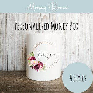 Personalised Gold and Floral Ceramic Money Box | Custom Name Initial | Gift for Her | Piggy Bank | Birthday | Wedding | Home Gift | New Baby