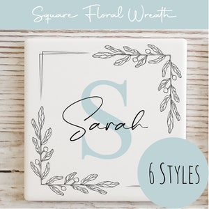Personalised Ceramic Coaster / Custom Initial and Name Coaster / Gift for Her / Gift for Him / Floral Wreath Design