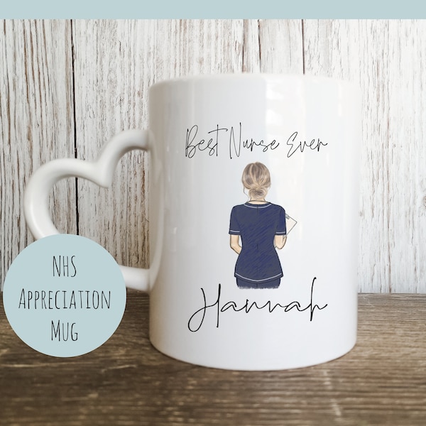 Personalised Nurse NHS Mug Heart Handle | Custom Name Coffee Tea Mug | Gift for Her | Gifts for Home | Birthday | Wedding