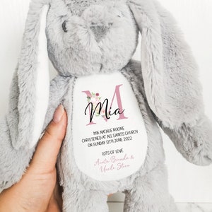 Personalised Christening Baptism Gift for Girls Boys Soft Grey Bunny, Goddaughter Godson Gifts, Holy Communion Stuffed Teddy image 1