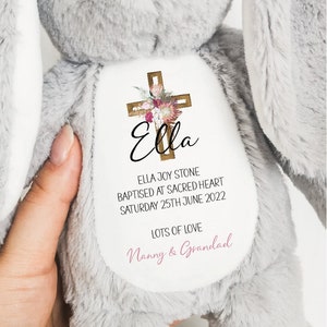Personalised Christening Gift for Girls Boys Soft Grey Bunny, Baptism Gifts, Goddaughter Godson Gifts, Holy Communion Stuffed Teddy CR03