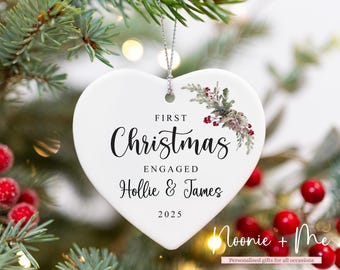 First Christmas Engaged | Christmas Tree Decoration | Personalised Ceramic Bauble Heart | Engagement Gift