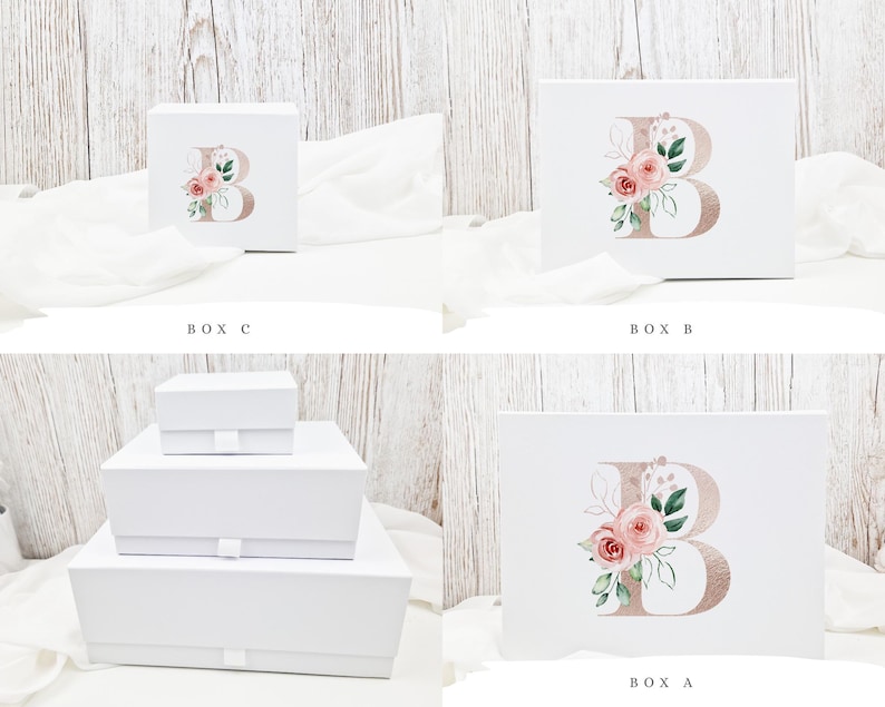 Puede incluir: Tres cajas de regalo blancas con un dise&ntilde;o floral y la letra "B" en la parte superior. Las cajas est&aacute;n etiquetadas como "Caja A", "Caja B" y "Caja C".