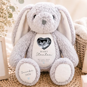 May include: A plush grey rabbit stuffed animal featuring a white heart-shaped patch on its chest containing a sonogram image, the text "Baby Stanton" and "WE CAN'T WAIT TO MEET YOU," with "December 2026" printed on the left foot and small blue hearts.