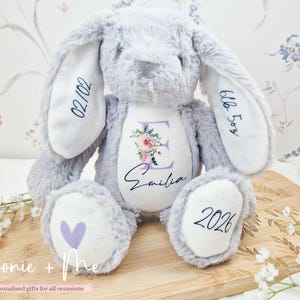 Personalised First Teddy | Soft Grey Bunny | New Born Teddy | New arrival | My First Bear | Custom Printed Name Teddy Bear Rabbit Bunny