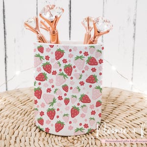 Strawberry Pen Holder | Cute Pink & Red Fruit Desk Organizer | Strawberry Mug for Office or Makeup Brushes