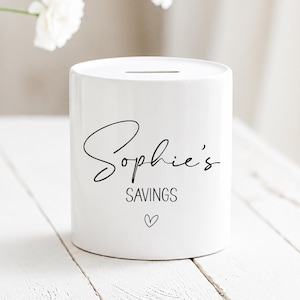 Custom Text with Heart Personalised Money Box, Piggy Bank Gift for Her, Savings Pot, Coin Bank, Birthday, Wedding NM04
