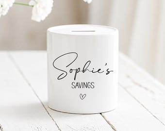 Custom Text with Heart Personalised Money Box, Piggy Bank Gift for Her, Savings Pot, Coin Bank, Birthday, Wedding NM04