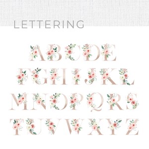 Puede incluir: Un conjunto de letras del alfabeto floral en un esquema de color rosa y blanco. Las letras est&aacute;n delineadas en oro y tienen un efecto acuarela. Las letras est&aacute;n dispuestas en orden alfab&eacute;tico.