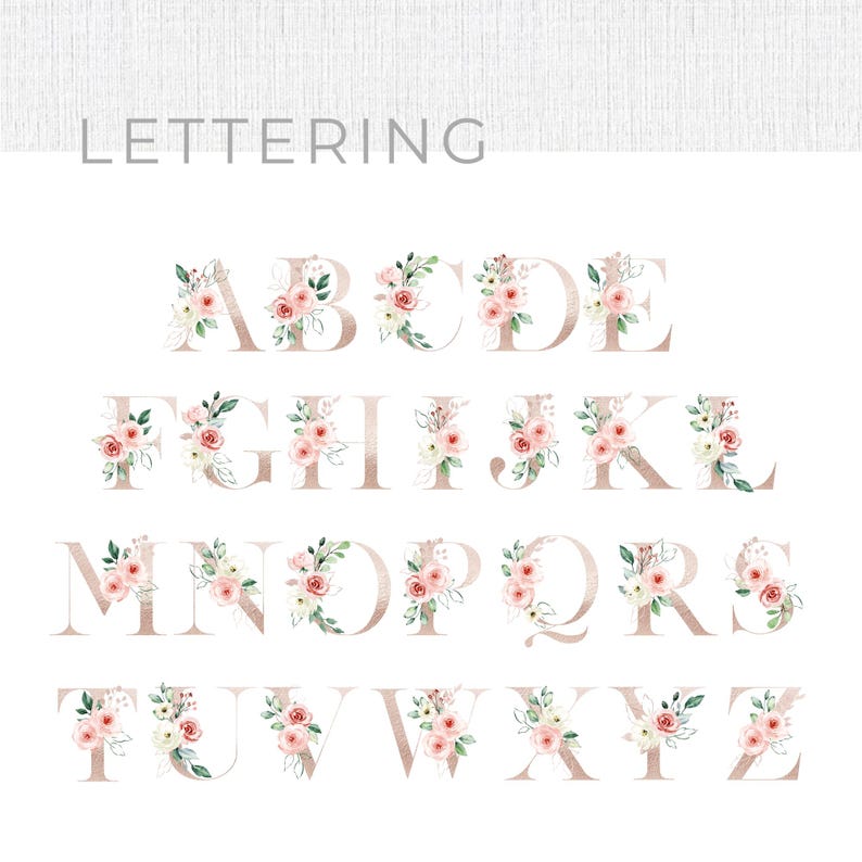 Puede incluir: Un conjunto de letras del alfabeto floral en un esquema de color rosa y blanco. Las letras est&aacute;n delineadas en oro y tienen un efecto acuarela. Las letras est&aacute;n dispuestas en orden alfab&eacute;tico.
