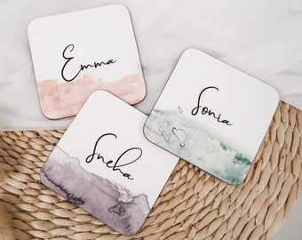 Custom Text Watercolour Personalised Coaster | Gift for Her | Gift for Him | Birthday | Wedding | Ceramic | Wood | Coffee | Tea NM22