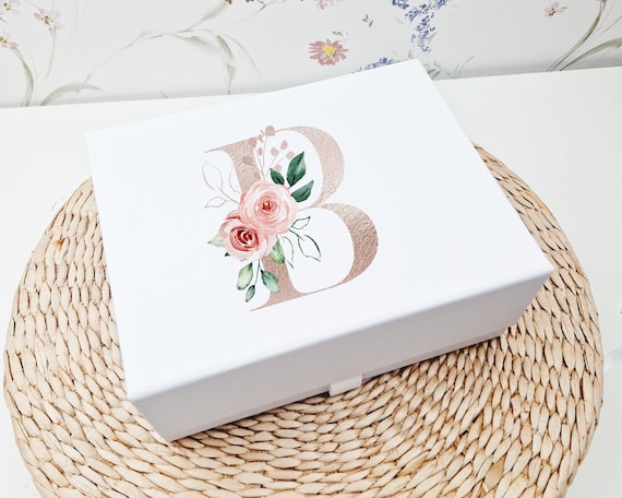Large Luxury Gift Box with Floral Rose Gold Effect Initial | Personalised Monogram Gift Box, Empty Gift Box, Small Medium Gift Box NM10