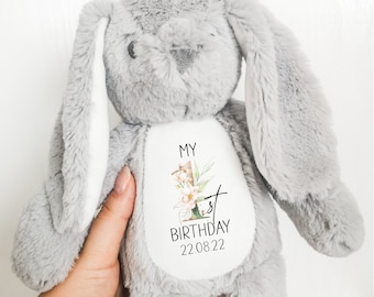 1st Birthday Bunny Personalised Teddy, Custom Name Birthday Bunny Rabbit Stuffed Toy TED-Rose-1st NM20