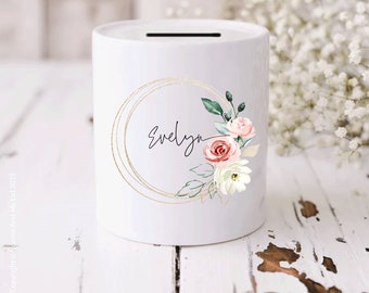 Personalised Floral Frame Ceramic Money Box, Custom Name Initial Piggy Bank, Coin Bank for Girls, Personalized Savings Jar NM10