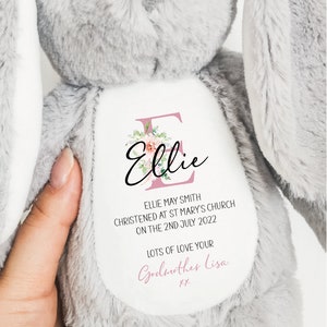 Personalised Christening Baptism Gift for Girls Boys Soft Grey Bunny, Goddaughter Godson Gifts, Holy Communion Stuffed Teddy image 3