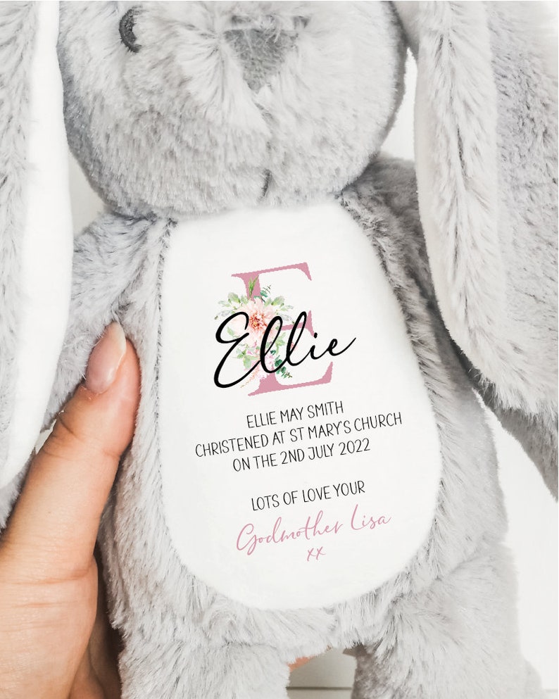 Personalised Christening Baptism Gift for Girls Boys Soft Grey Bunny, Goddaughter Godson Gifts, Holy Communion Stuffed Teddy image 3