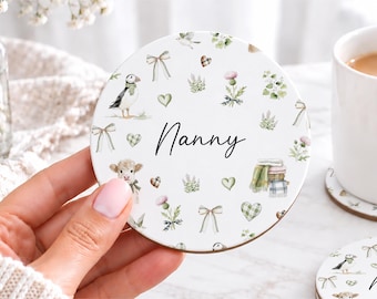 Personalised Scottish Cottagecore Coasters, Highland Cow & Puffin Watercolour Design, Scottish Gift, Country Home Decor, Wooden Coasters