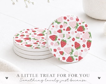 Strawberry Print Coasters – Set of 4 | Cute Fruit Drink Coasters | Pink & Red Strawberry Decor | Summer Home Accessories