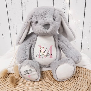 Personalised First Teddy | Soft Grey Bunny | New Born Teddy | New arrival | My First Bear | Custom Printed Name Teddy Bear Rabbit Bunny