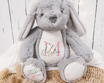 Personalised First Teddy | Soft Grey Bunny | New Born Teddy | New arrival | My First Bear | Custom Printed Name Teddy Bear Rabbit Bunny