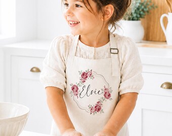 Personalised Girls Apron, Vintage Rose Floral Kids Baking Apron, Grandmillennial Cottagecore Design, Children's Cooking Apron, Little Baker
