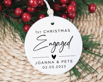 First Christmas Engaged Keepsake, Custom Name Christmas Tree Decoration, Personalised Ceramic Bauble, Engagement Gift Hanging Ornament CM09