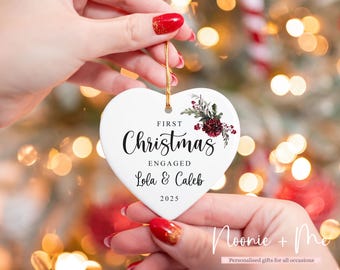 First Christmas Engaged | Christmas Tree Decoration | Personalised Ceramic Bauble Heart | Engagement Gift