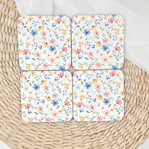 Watercolor Floral Print Wooden Coasters – Set | Cute Drink Coasters | Floral Watercolour Decor | Summer Home Accessories