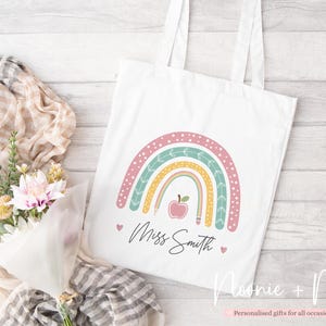 Custom Teacher Rainbow Tote Bag | Personalised Teacher Gift Jute Thank You Present Name Leaving School TA Women NMRB-1