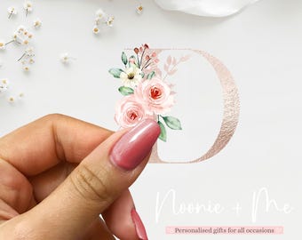 Pegatina con alfabeto de color rosa, efecto oro rosa y flores de champán, transferencia de pegatinas UV, pegatina con nombre, calcomanía personalizada, monograma floral transparente NM10