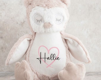 May include: A plush brown owl with white accents and pink heart with the name "Hallie" embroidered on the chest.
