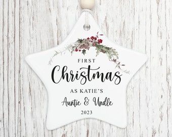 First Christmas as Auntie Uncle | Christmas Keepsake | Christmas Tree Decoration | Personalised Ceramic Bauble STYLE3