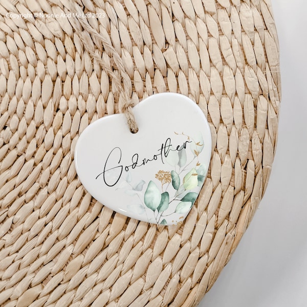 Eucalyptus Design Godmother Ornament Gift, Ceramic Hanging Gift Tag, Godmother Proposal Keepsake NM08